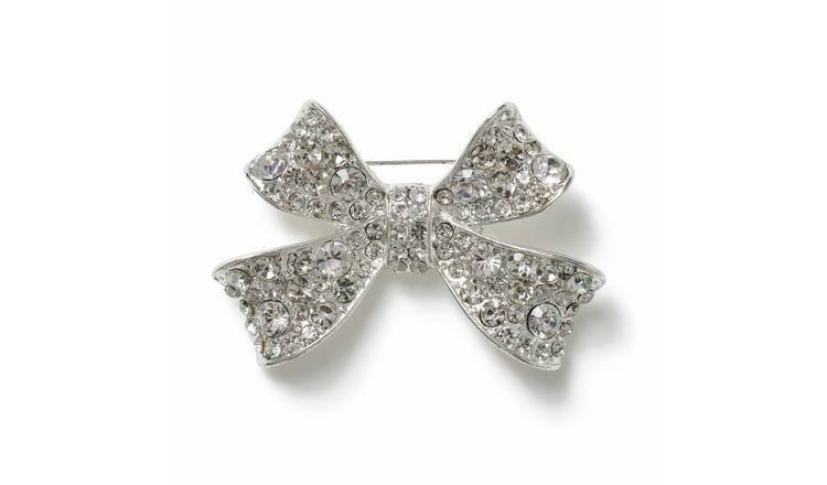 Freedom Silver Tone Crystal Bow Brooch