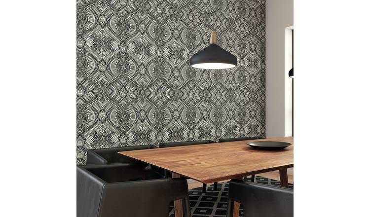 Hoopla Walls Elegance Ogee Damask Black Wallpaper