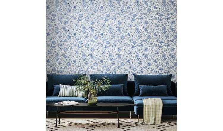 Hoopla Walls Floral Toile Blue Wallpaper