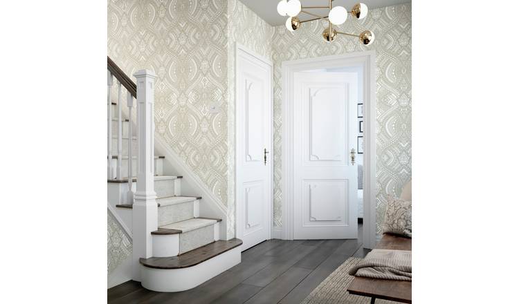 Hoopla Walls Ogee Damask Natural Wallpaper