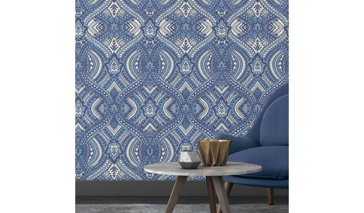 Hoopla Walls Ogee Damask Navy Wallpaper