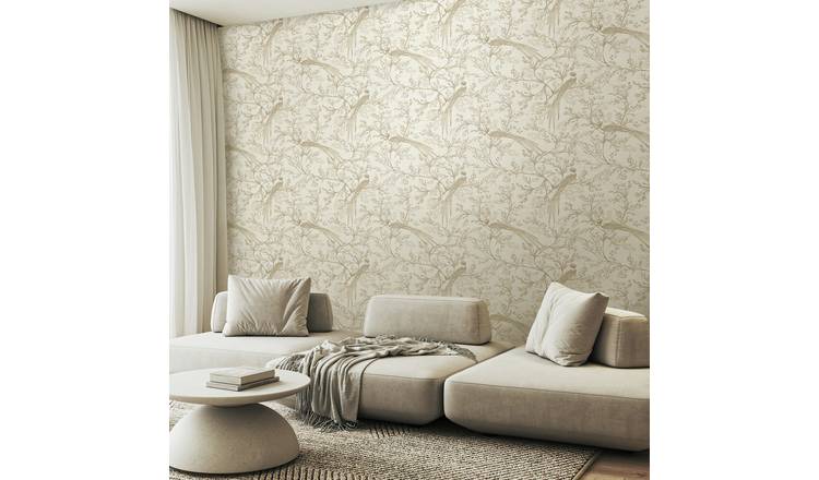 Hoopla Walls Purity Bird Toile Stone Wallpaper