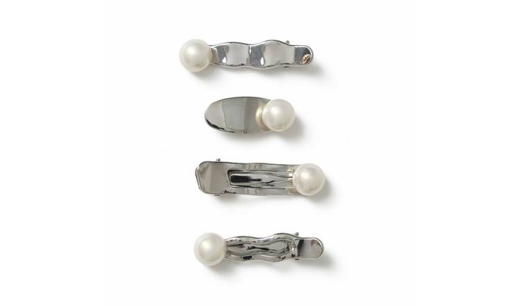 Freedom Silver Tone Mismatch Pearl Hair Clips - Pack of 4