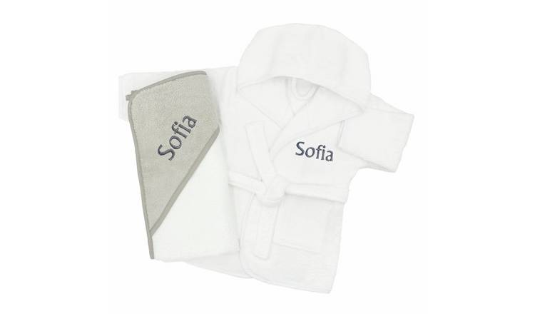Babyblooms Personalised Bathrobe And Baby Hooded Towel Gift Set - Grey