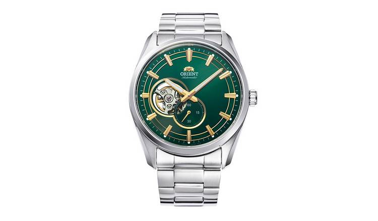Orient Stretto Semi Skeleton Green Dial Men's Silver Bracelet Watch