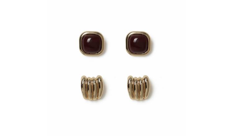Freedom Burgundy and Ribbed Stud Earrings - Set of 2