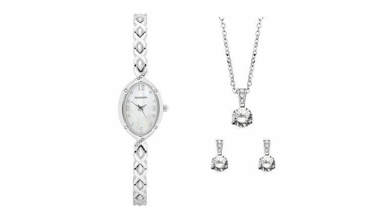 Sekonda Ladies White Dial Silver Tone Bracelet Watch and Jewellery Gift Set
