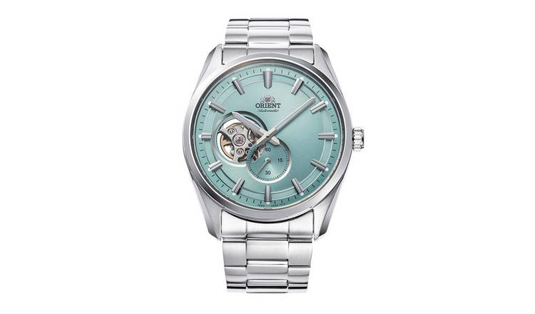 Orient Stretto Semi Skeleton Turquoise Dial Men's Silver Bracelet Watch