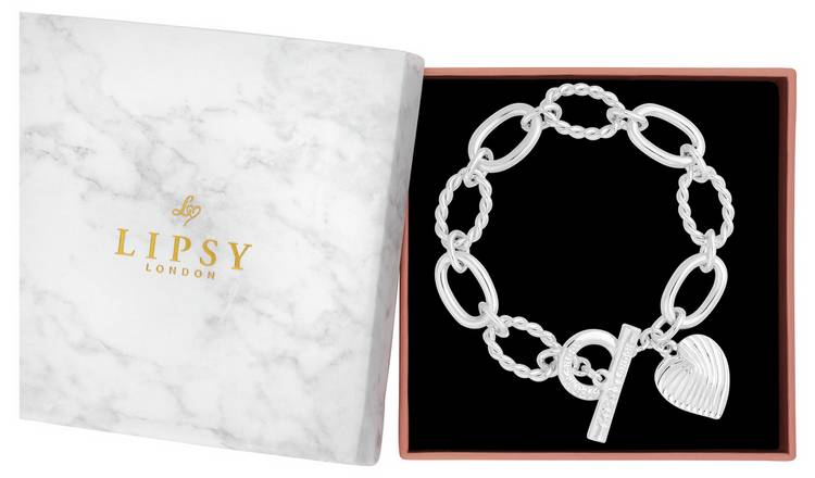 Lipsy Silver Plated Textured Heart Charm T-Bar Bracelet