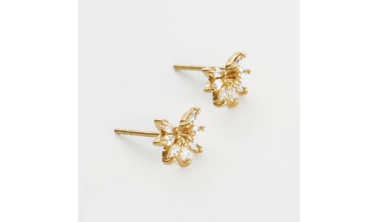 Revere Gold Plated Silver Floral Marquise Cubic Zirconia Stud Earrings