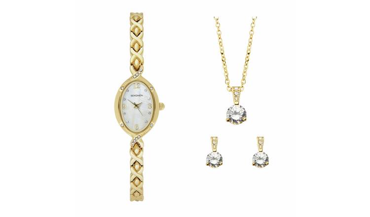 Sekonda Ladies White Dial Gold Tone Bracelet Watch and Jewellery Gift Set