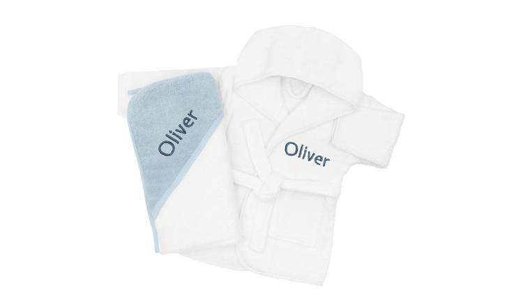 Babyblooms Personalised Bathrobe And Baby Hooded Towel Gift Set - Blue