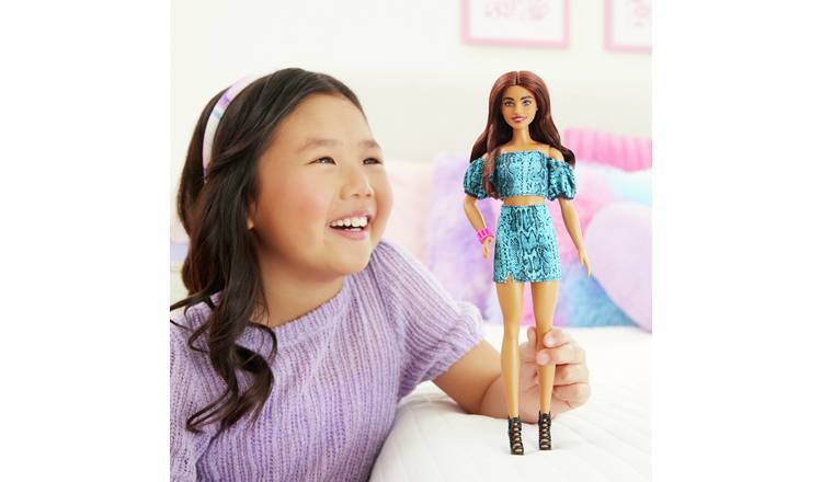 Barbie Fashionistas Style Doll in Turquoise Snake Print Skirt, Brown Hair