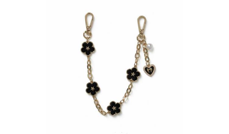 Freedom Gold Tone Chain Black Flower Charms Keyring