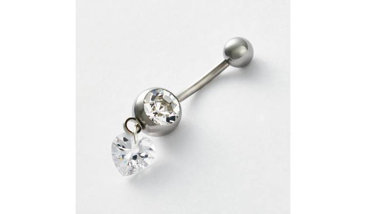 Revere Crystal Heart Cubic Zirconia Drop Surgical Steel Silver Belly Bar