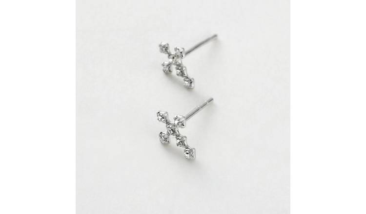 Revere Sterling Silver Round Cubic Zirconia Cross Stud Earrings