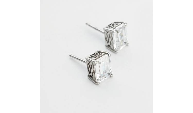 Revere Sterling Silver Emerald Cut White Cubic Zirconia Stud Earrings