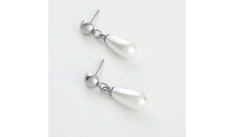 Revere Sterling Silver Faux Pearl Teardrop Drop Stud Earrings