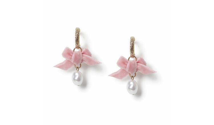 Freedom Pink Velvet Bow Pearl Drop Earrings