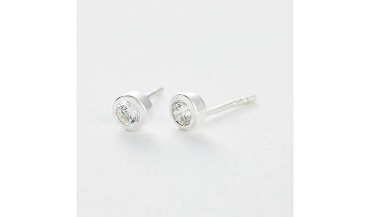 Revere Sterling Silver Bezel Cubic Zirconia Round Stud Earrings