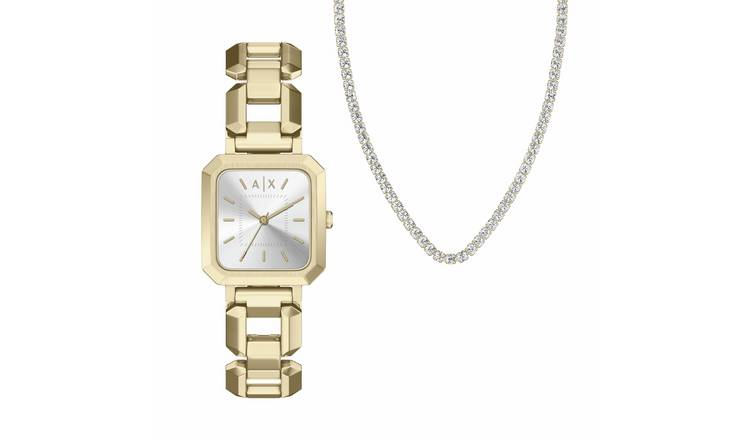 Armani Exchange Three Hand Gold Tone Stainless Steel Watch and Necklace Set