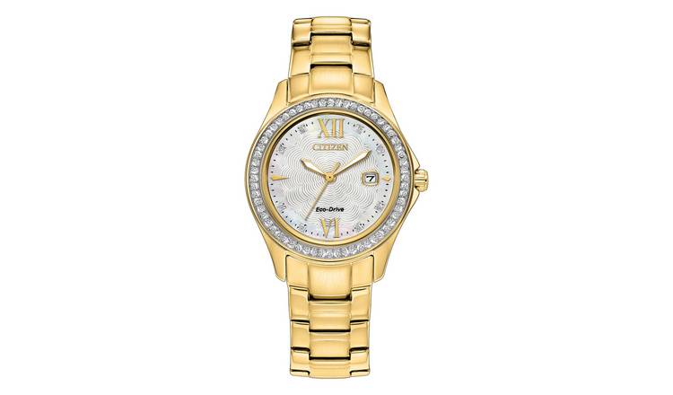 Citizen White Dial Crystal Brezel Gold Tone Stainless Steel Bracelet Watch