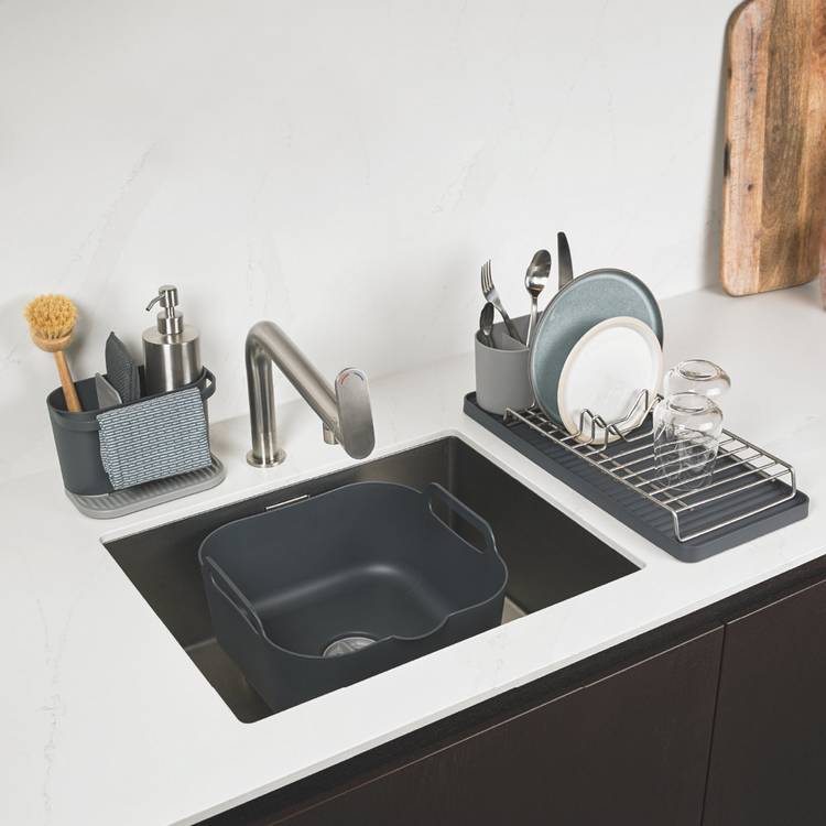 ReBorn 3 Piece Sink Tidy Washing Up Bowl and Compact Draining Rack - Dark Grey 0