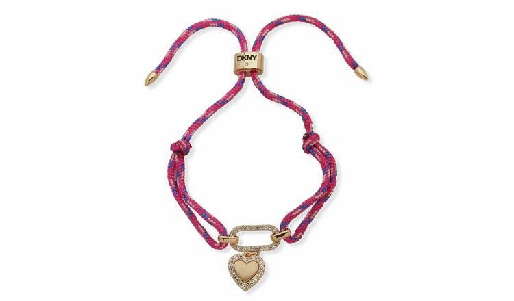 DKNY Gold Tone Pave Heart Charm Pink Cord Slider Bracelet