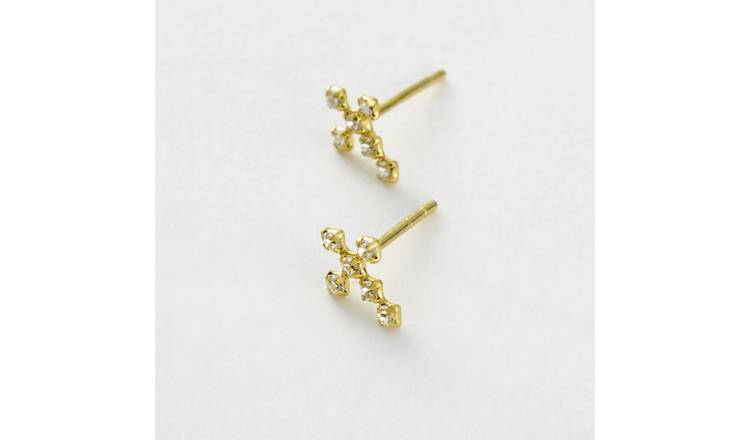 Revere Gold Plated Sterling Silver Cubic Zirconia Cross Stud Earrings