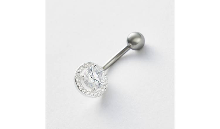 Revere Round Cubic Zirconia Halo Surgical Steel Silver Belly Bar