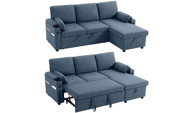 HOMCOM 3 Seater Sofa Bed with USB Ports and Cup Holder - Blue