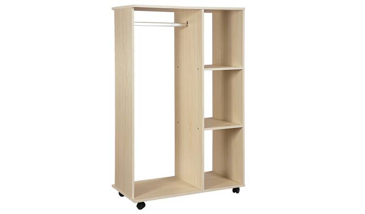 HOMCOM Open Wardrobe with Clothes Hanging Rail and 3 Storage Shelves - Oak