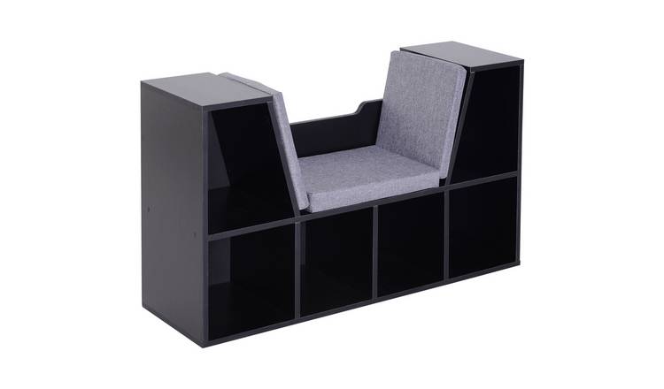 HOMCOM Storage Bookcase with Cushioned Reading Seat 6 Cube - Black