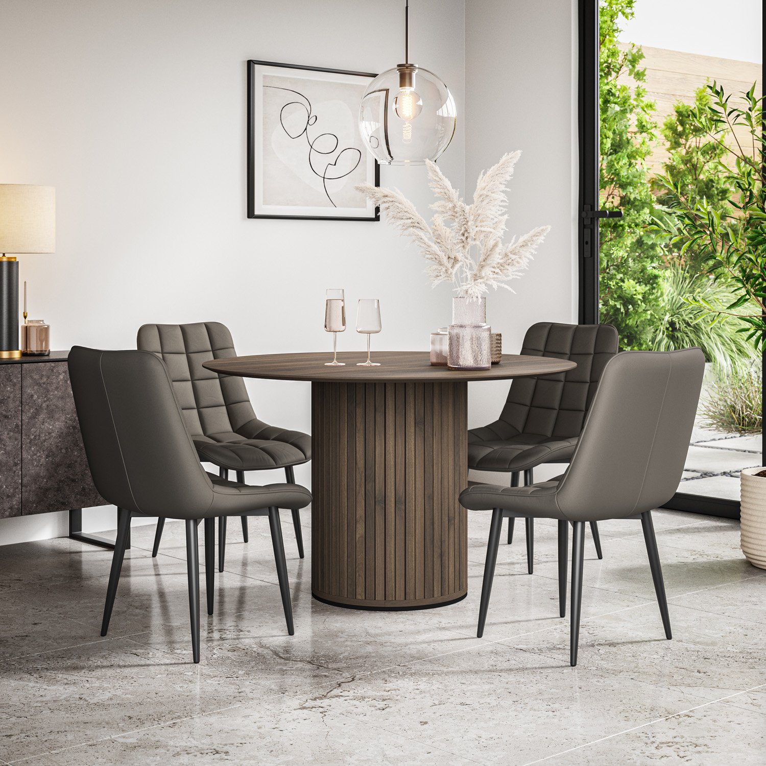 Furniture Online Arlo Nova Walnut Top w Wal Legs Dining Table & 4 Grey Chairs - Image 1