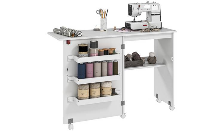 HOMCOM Folding Sewing Table with Storage Bins - White