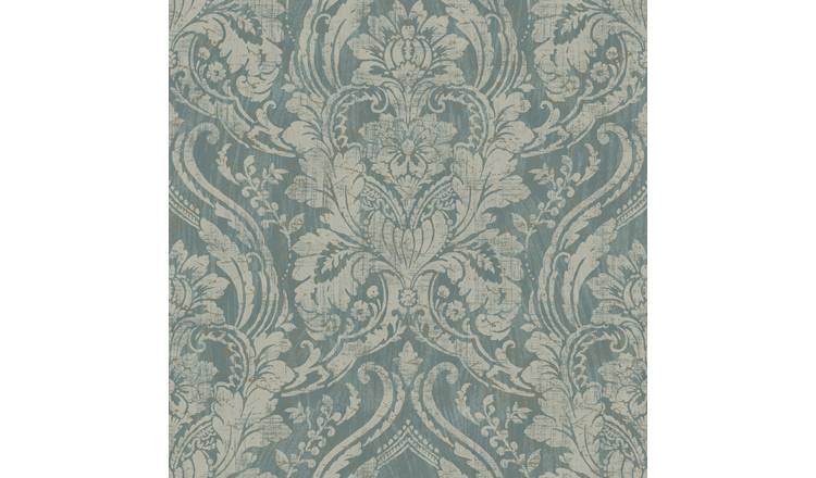 Grandeco Textured Distressed Metallic Damask Wallpaper - Teal