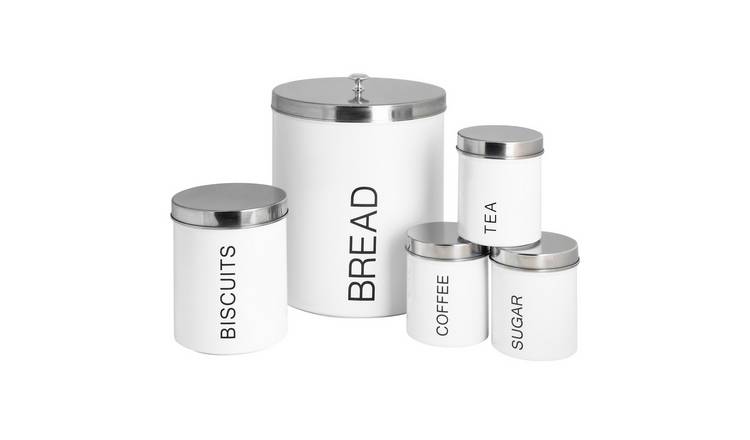 Harbour Housewares 5 Piece Round Metal Kitchen Canisters Set - White