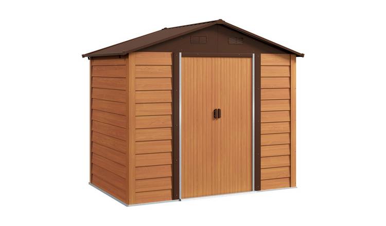 Outsunny Metal Garden Shed Sliding Door and Sloped Roof for Garden - Brown Wood
