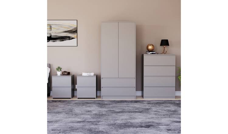 Vida Designs Denver Bedroom Set (2x Bedside, 4 Drawer Chest, Wardrobe) - Grey