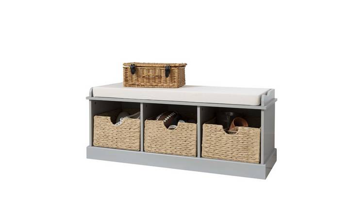 Noa & Nani Stockholm Storage Bench With 3 Brown Baskets - Silk Grey