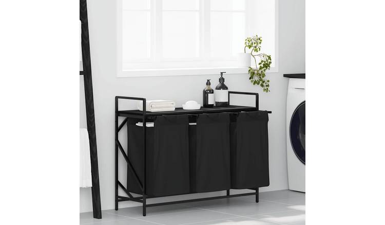 Walplus Steel Laundry Basket 3 Compartments with Shelf - Black - 99 x 33 x 77 cm