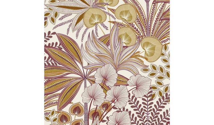 Grandeco Jody Retro Jungle Botanical Textured Wallpaper - Pink Orange