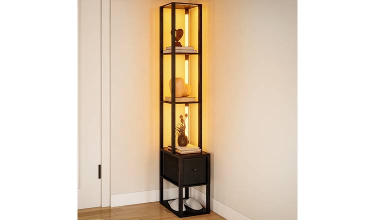 HOMCOM LED Floor Lamp With Shelves And Fabric Drawer - Black