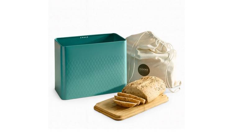 Cooks Professional Square Bread Bin, Linen Bag and Bamboo Board Set - Teal