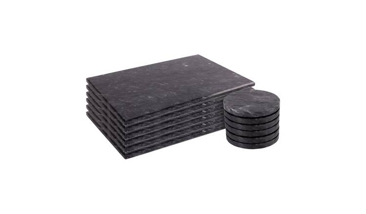 Argon Tableware 12pc Marble Placemats & Round Coasters Set - Black