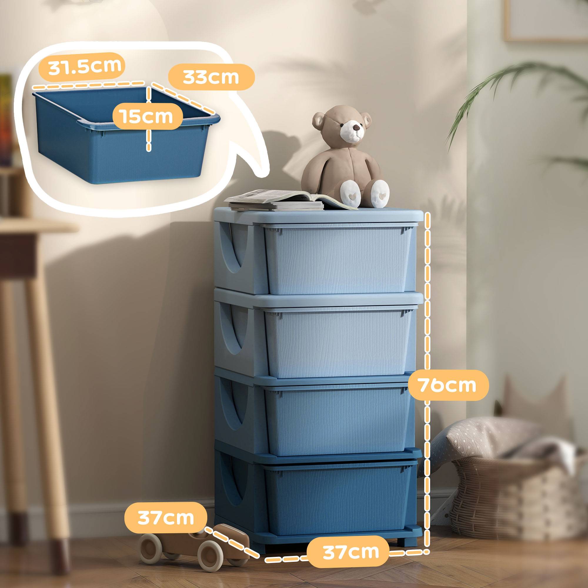 HOMCOM 4 Drawers Plastic Kids Storage Units Drawers Kids Storage - Blue - Image 7