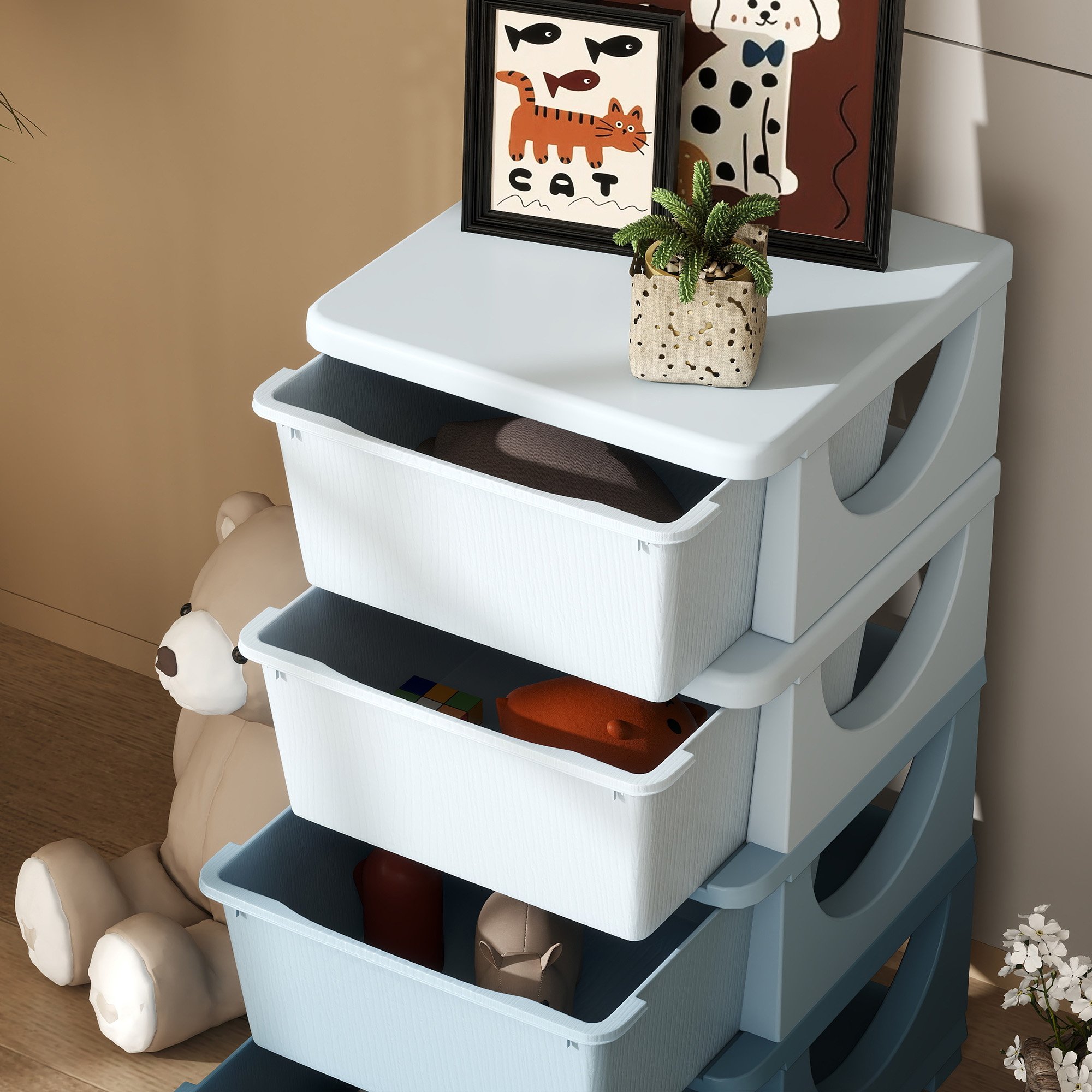 HOMCOM 4 Drawers Plastic Kids Storage Units Drawers Kids Storage - Blue - Image 3