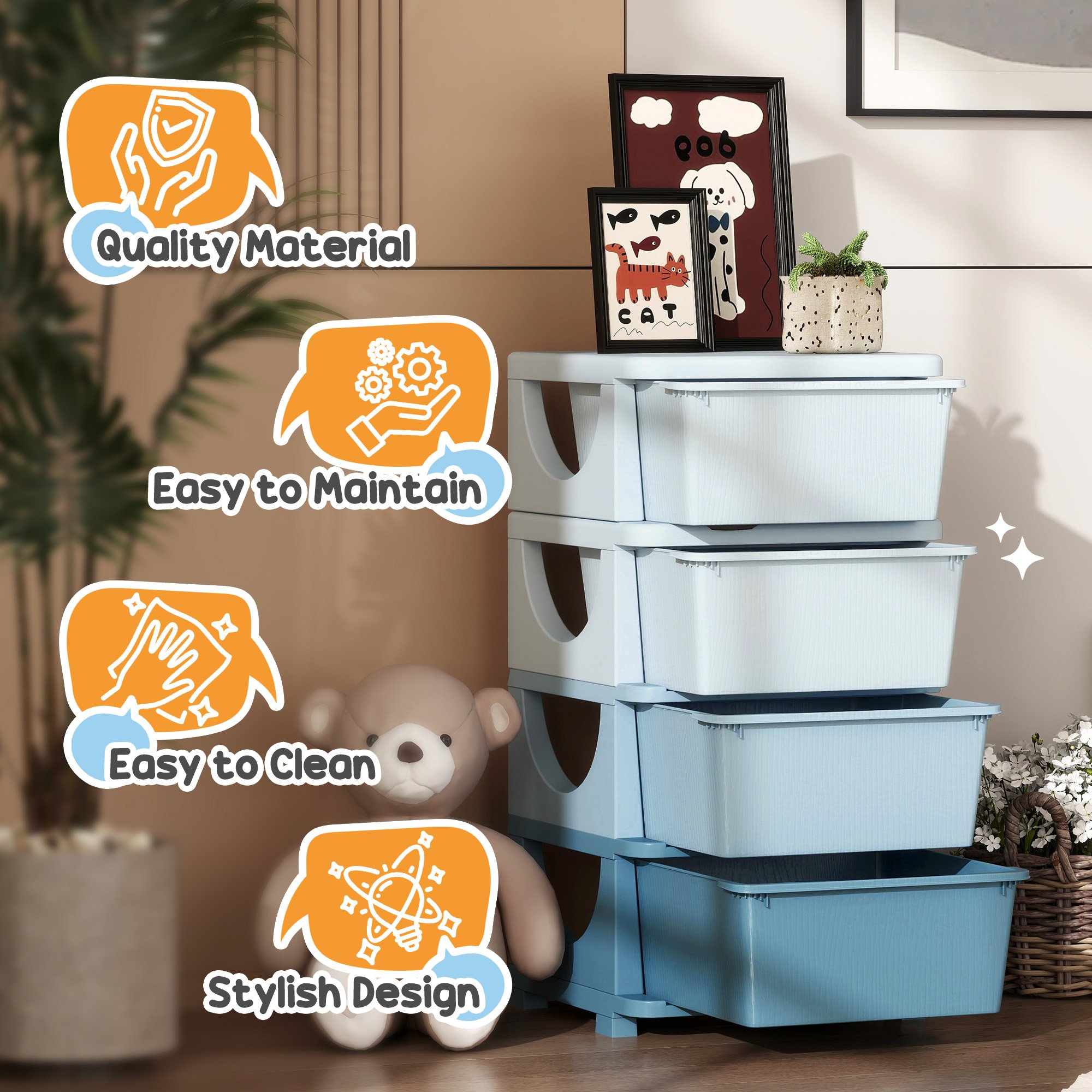 HOMCOM 4 Drawers Plastic Kids Storage Units Drawers Kids Storage - Blue - Image 5