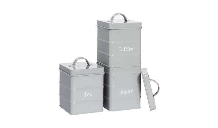 Harbour Housewares Vintage Metal Kitchen Tea Coffee Sugar Canisters - Grey