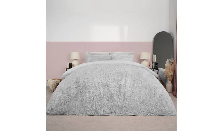 OHS Teddy Duvet Cover Set Bedding Soft Fleece Faux Fur Shaggy Silver - King